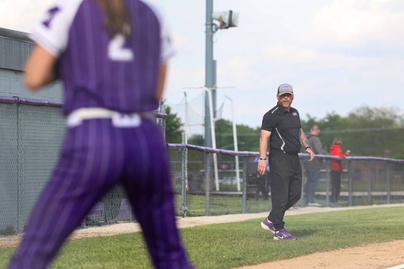 Manteno head coach Josh Carlile watches an at bat during Manteno's 11-1 loss to Seneca on Friday, May 8, 2026.