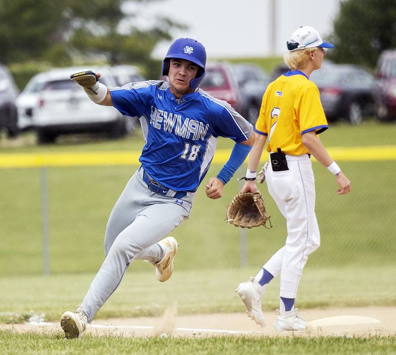 Newman’s Garet Wolfe rounds third to score against Johnsburg Saturday, May 31, 2025, in the Class 2A Sectional final in Mendota.