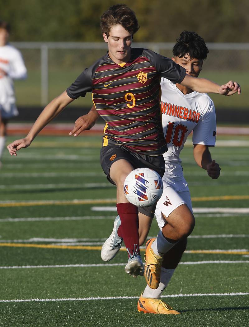 Richmond-Burton's Dalton Youngs controls the ball in front of Winnebago's Christian Perez during the IHSA Class 1A Richmond-Burton Regional Final soccer match Tuesday, Oct. 17, 2023, at Richmond-Burton High School in Richmond.