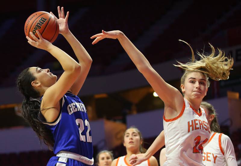 Geneva's Leah Palmer shoots a jump shot over Hersey's Annika Manthy during the Class 4A third place game on Friday, March 3, 2023 at CEFCU Arena in Normal.