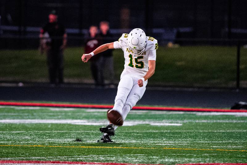 Providence's Bryce Vlasak Kicks off  a game against Lincoln-Way Central on Friday Sept. 5, 2025 at Lincoln-Way Central High School in New Lenox