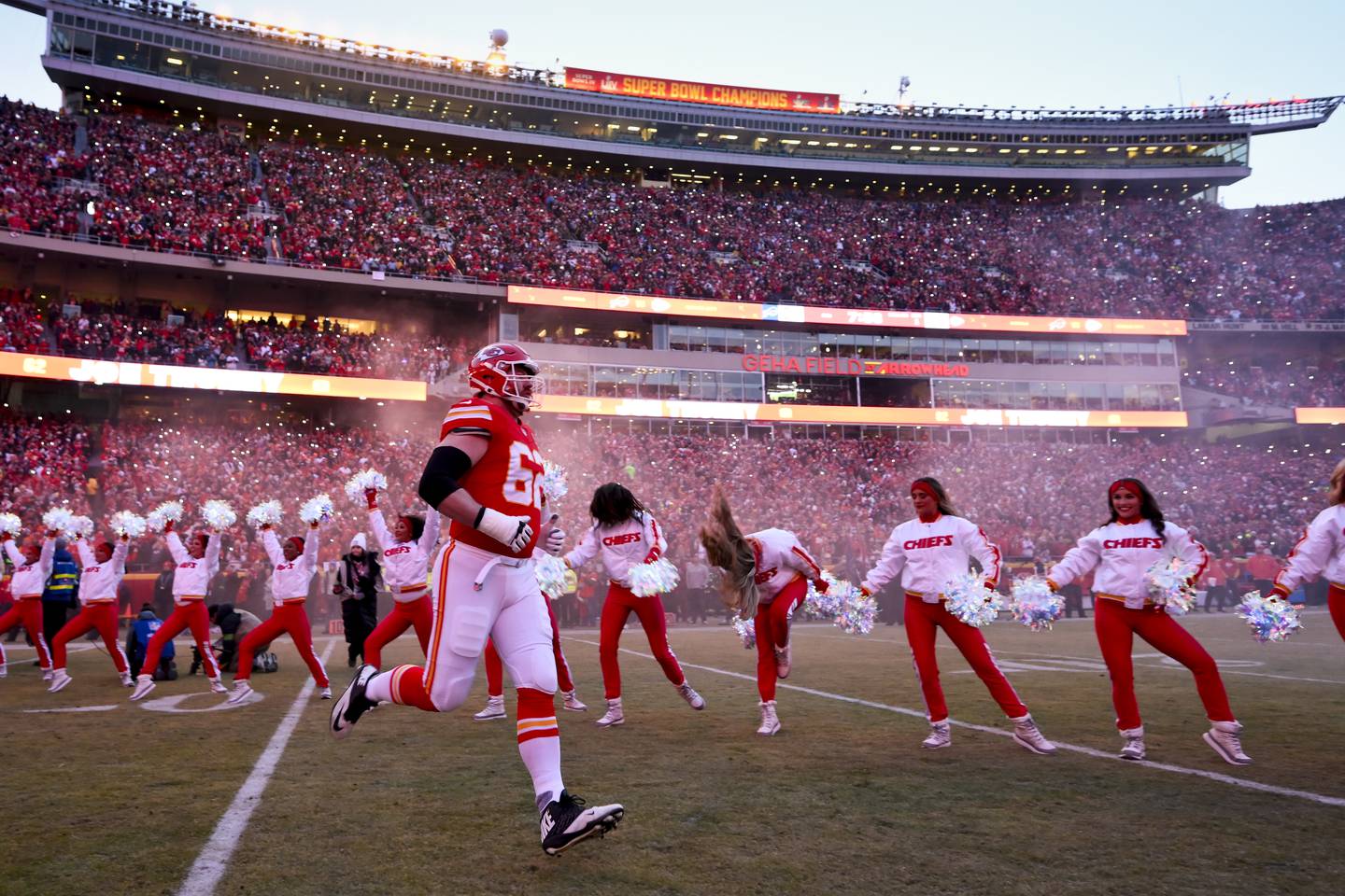 Kansas City Chiefs guard Joe Thuney comes onto the field during introductions before the NFL AFC Championship football game against the Buffalo Bills, Sunday, Jan. 26, 2025 in Kansas City, Mo. The Chiefs defeated the Bills by a score of 32-29. (AP Photo/Reed Hoffmann)