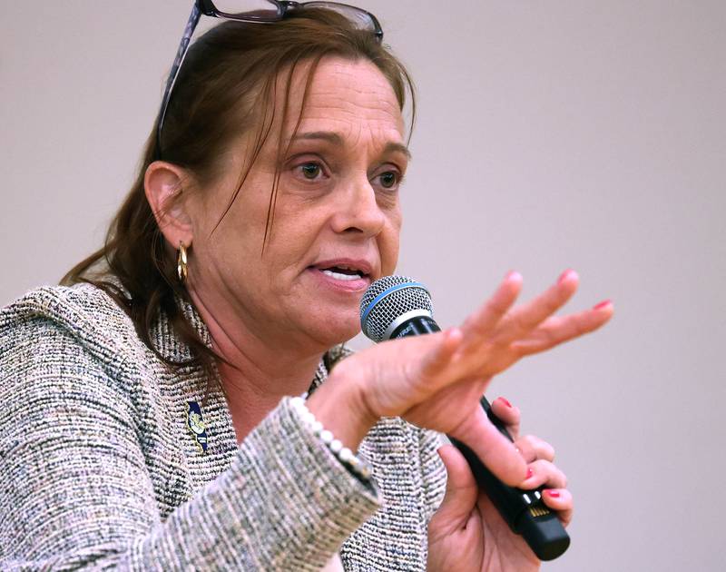 State Rep. Amy “Murri” Briel, D-Ottawa, talks Friday, July 11, 2025, about some of the difficulties facing Illinois residents during her town hall at at Northern Illinois University’s Holmes Student Center in DeKalb. Briel will be hosting town halls later this year in Oglesby and Utica.