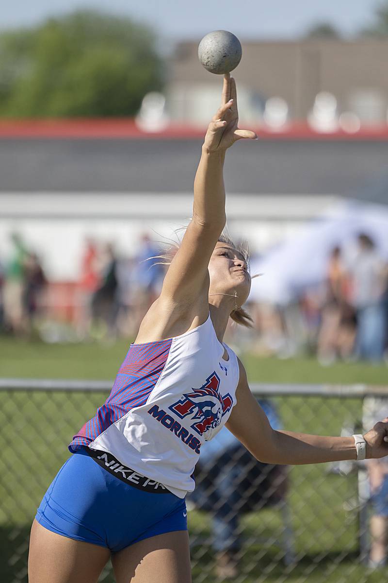 Morrison’s Kelsey Gibbs fires the shot put Wednesday, May 10, 2023 at the class 1A Erie girls track sectional.