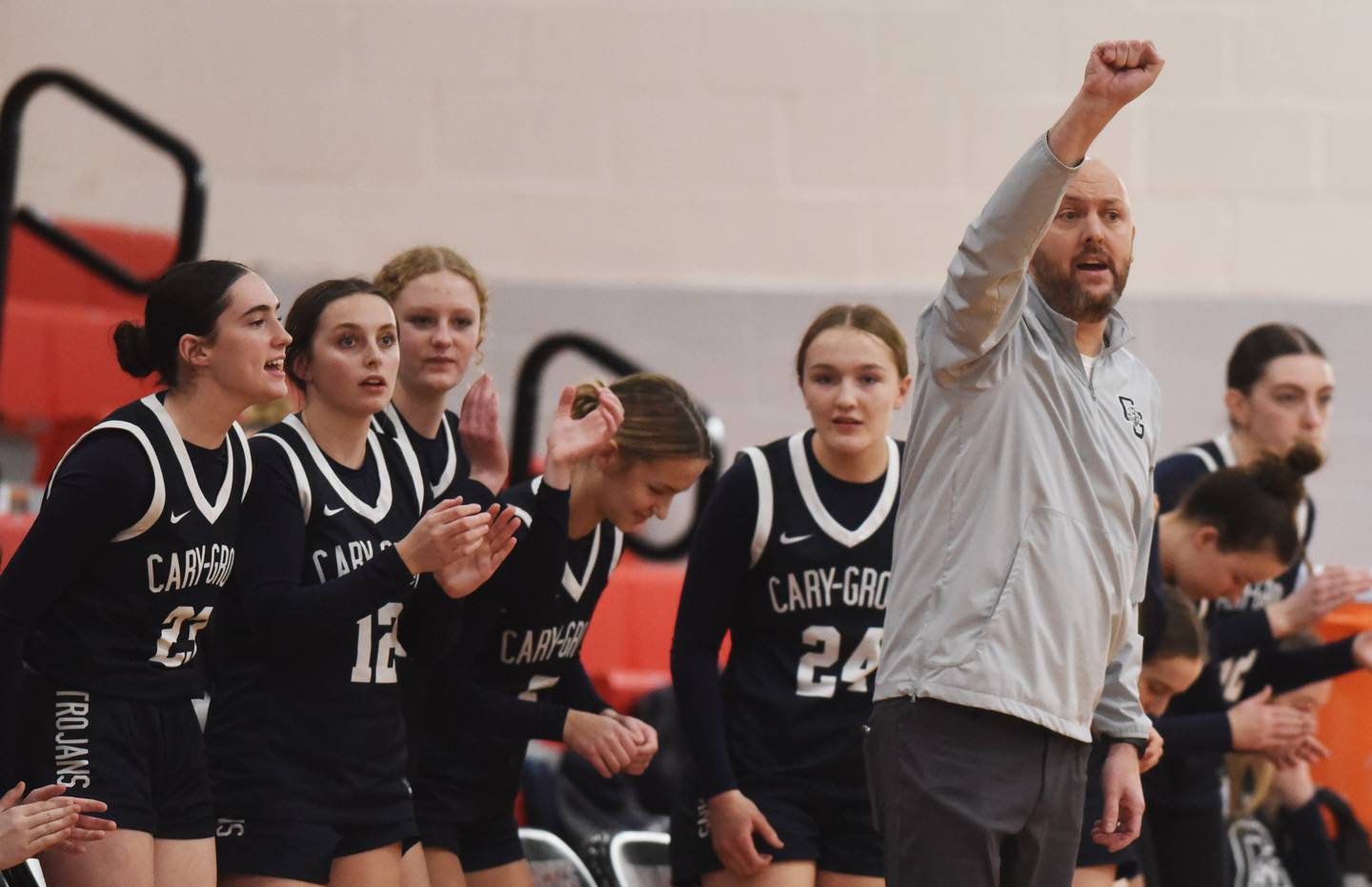 Cary-Grove head coach Tony Moretti leads the Trojans against Grayslake Central during the Class 3A North Chicago sectional final on Thursday, Feb. 27, 2025 in North Chicago.