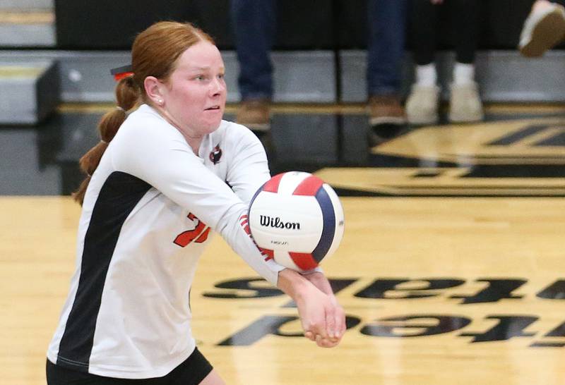 Henry-Senahwine's Brynna Anderson returns a serve from Putnam County during the Class 1A Regional semifinal game on Wednesday, Oct. 29, 2025 at Putnam County High School.