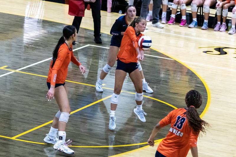 Oswego's Ammecy Ray passes to a teammate during a 4A sectional varsity volleyball game against Joliet West at Joliet West on Nov. 4, 2025.