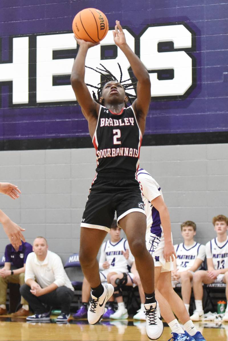 Bradley-Bourbonnais' Kobe Lawrence elevates at the basket during a game at Manteno Saturday, Dec. 6, 2025.