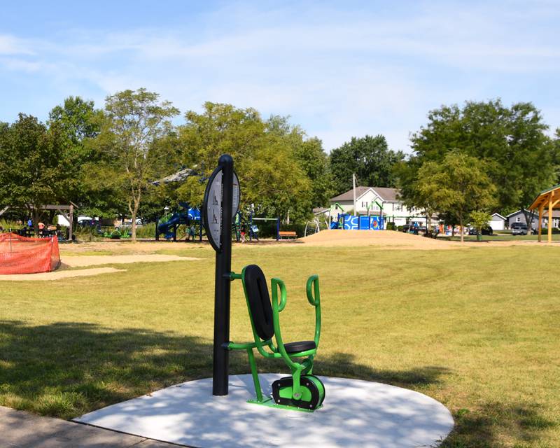 A chest/bench press equipment is just one of three pieces of fitness equipment that were installed for the redevelopment of the Prairie Park where a dedication was hell on Saturday Aug. 16, 2026, held in Elburn.
