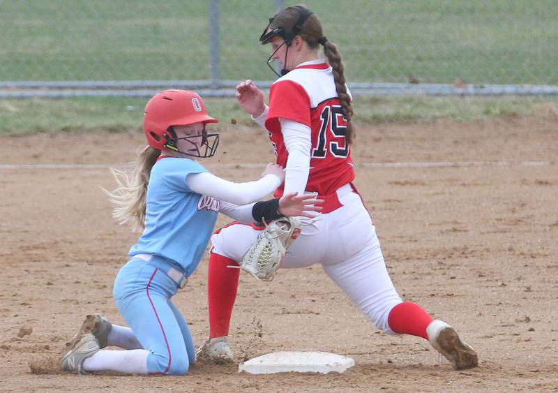 Streator's Caitlin Talty tags out Ottawa's Rylee Harsted attempting to steal second base on Thursday, March 27, 2025 at Ottawa High School.