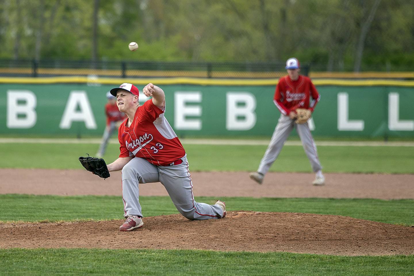 Oregon’s Dom Terlikowski fires a pitch against Rock Falls Tuesday, May 2, 2023.