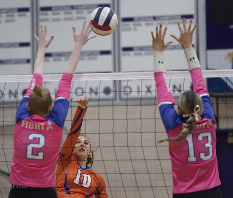 Genoa-Kingston’s Bria Botterman splits the Dixon defense Thursday, Oct. 17, 2024.