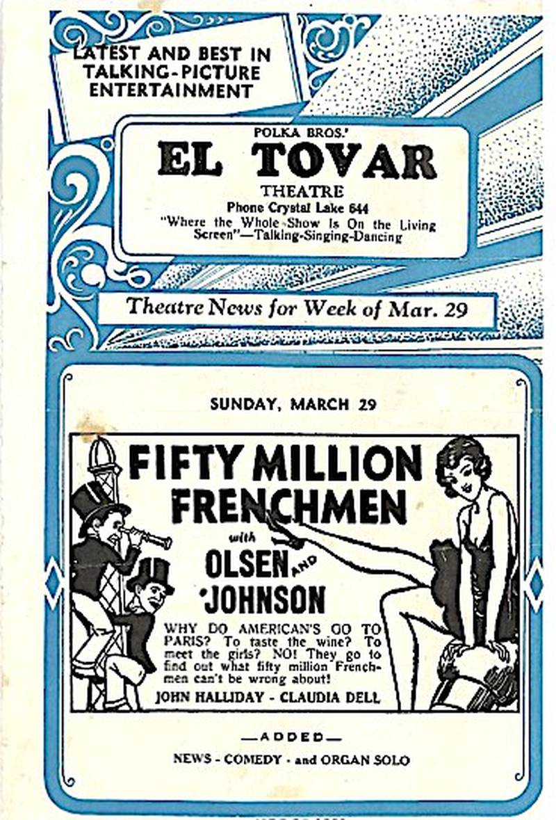 A 1931 flyer for the El Tovar Theatre in Crystal Lake.