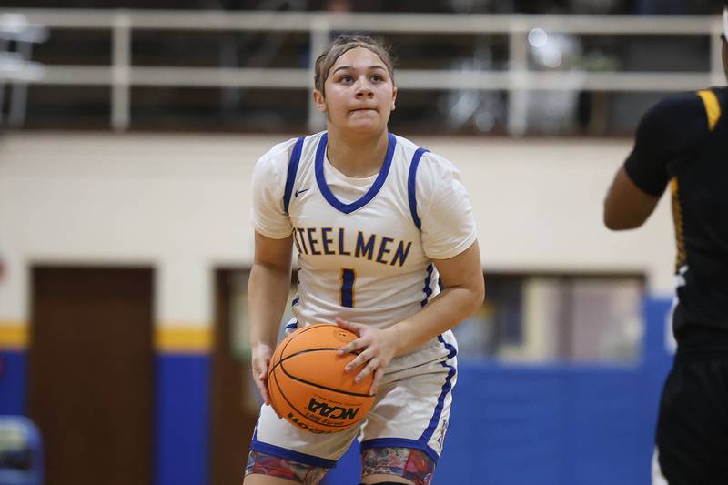 Joliet Central’s Elliana Fowler looks to take a shot against Joliet West on Thursday, Jan. 15, 2026 in Joliet.