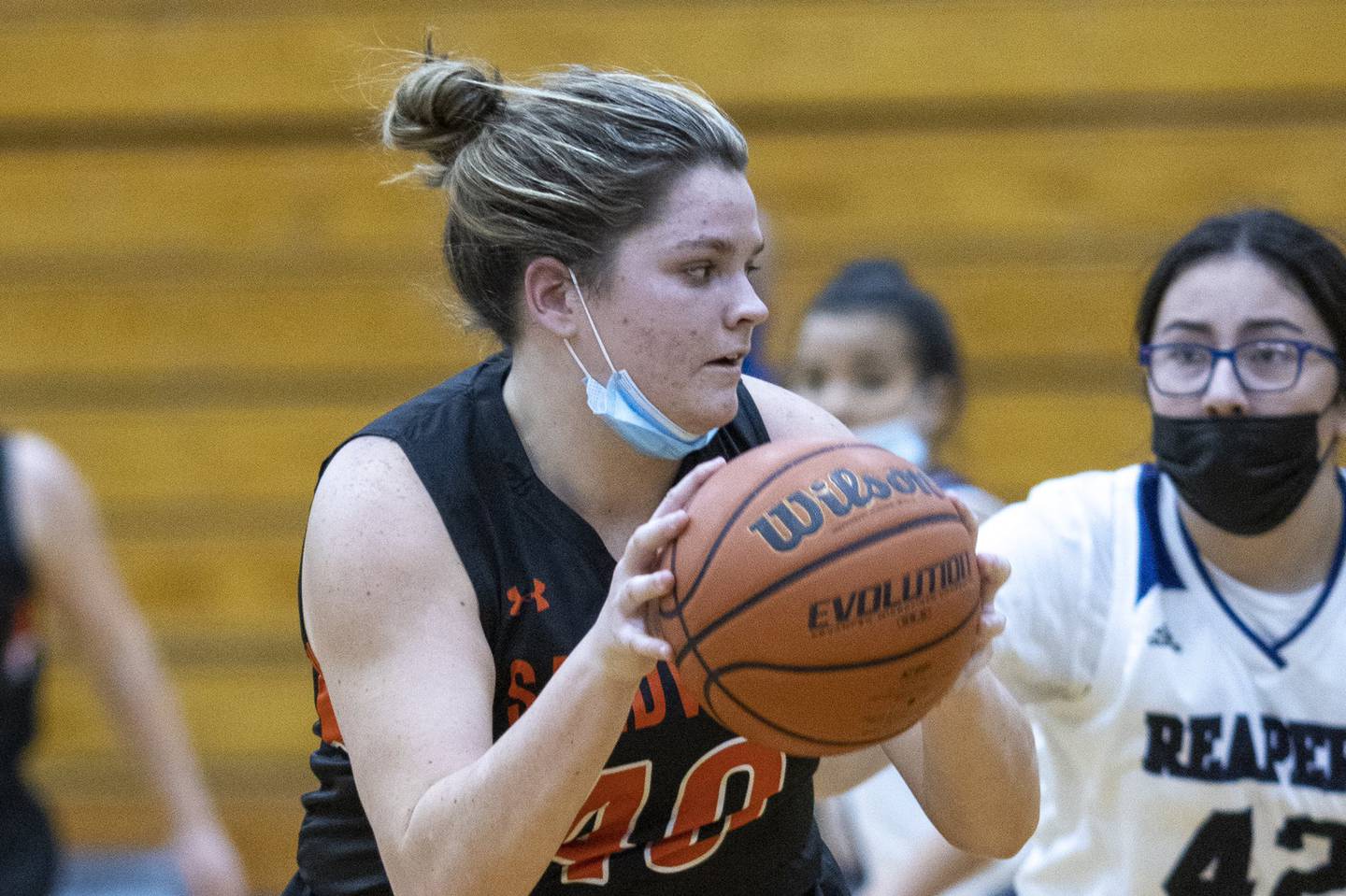 Sandwich's Claire Allen (40) drives to the basket during the game at Plano on Wednesday, Jan. 5.