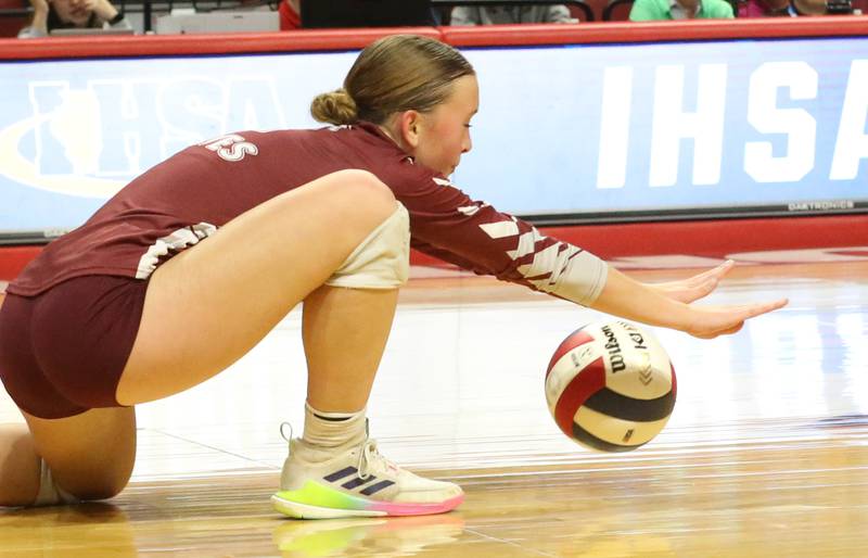 Prairie Ridge's libero Allison Rogers misjudges a return during the Class 3A State semifinal game on Friday, Nov. 15, 2024 at CEFCU Arena in Normal.