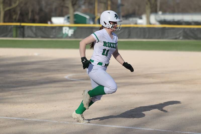 Rock Falls’ Emma Skinner comes in to score Tuesday, April 11, 2023 against Dixon.