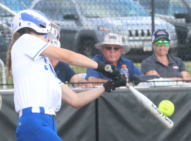 St. Charles North's Ella Heimbuch makes contact with the ball during the Class 4A championship game on Saturday, June 8, 2024 at the Louisville Slugger Sports Complex in Peoria.