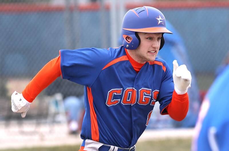 Genoa-Kingston's Nolan Perry heads to first during their game against Winnebago Tuesday, April 12, 2022, at Genoa-Kingston High School.