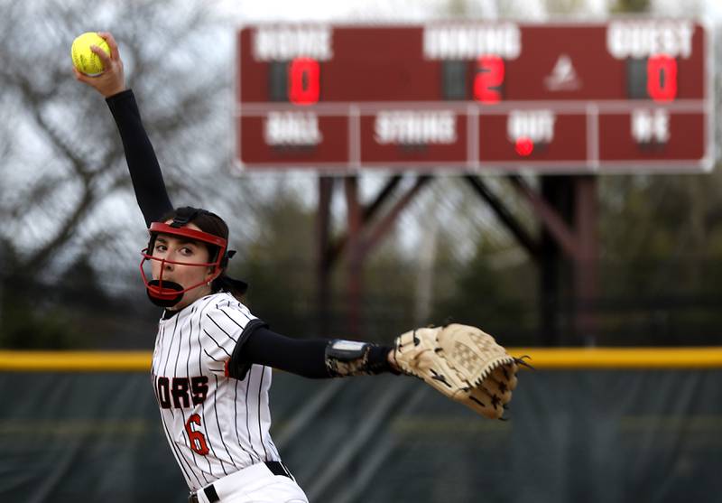 McHenry’s Vanessa Buske trows a pitch during a Fox Valley Conference softball game against Prairie Ridge Monday, April 24, 2023, at Prairie Ridge High School.