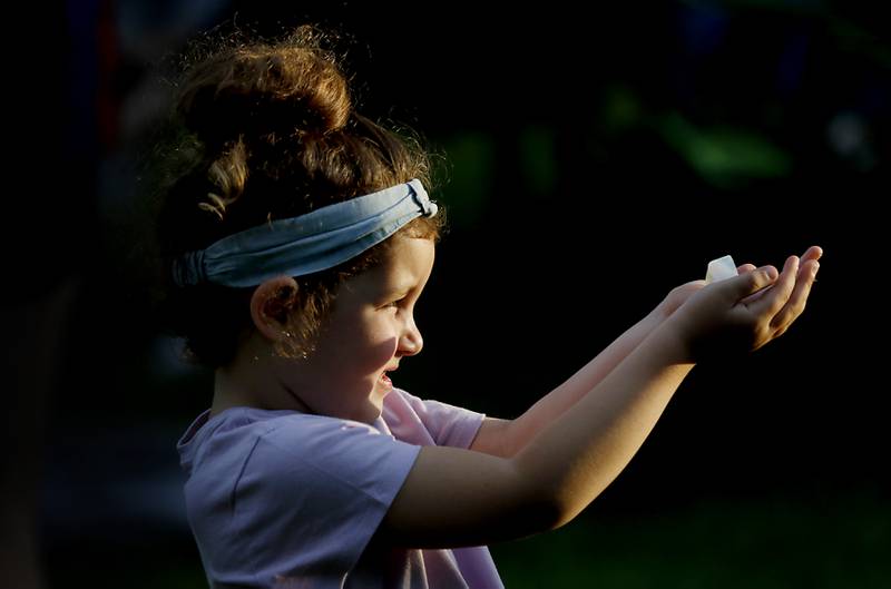 Grace Decaluwe, 5, looks as the sun as it shines through a crystal that she got Thursday, May 16, 2024, during McHenry's Pearl Street Market and concert at Veteran's Memorial Park. The market features around 35 venders and live music on Thursdays through Sept. 19.