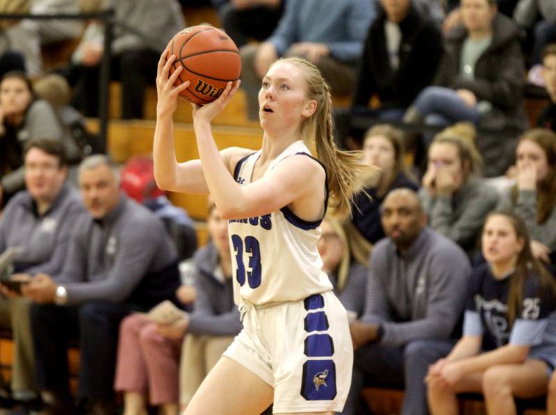 Geneva’s Lauren Slagle shoots the ball during a Class 4A Glenbard West Sectional semifinal game against Lake Park in Glen Ellyn on Tuesday, Feb. 21, 2023.