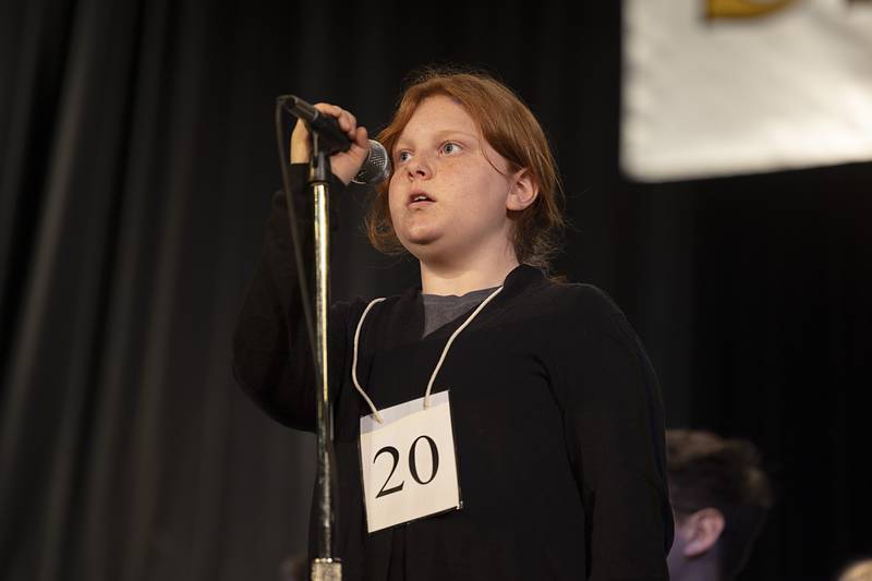 Delilah Oleson of Madison Elementary School competes Thursday, Feb. 19, 2026, during the Lee-Ogle-Whiteside County Regional Spelling Bee. Oleson went out in round 1 on the word kernel.