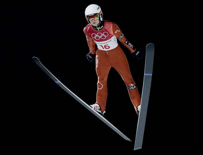 Casey Larson of the Norge Ski Club in Fox River Grove jumps during the normal hill individual ski jumping trial round for qualification Thursday at the Winter Olympics in Pyeongchang, South Korea.