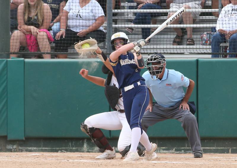 Marquette's Maisie Lyons strikes out swinging during the Class 1A Supersectional game on Monday, May 29, 2023 at Illinois Wesleyan University in Bloomington.