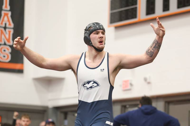 Plainfield South’s Ryker Czubak defeatsJoliet Catholic’s Mason Bucon in the Class 3A Minooka Regional 215 pound championship on Saturday, Jan. 31, 2026 in Minooka.