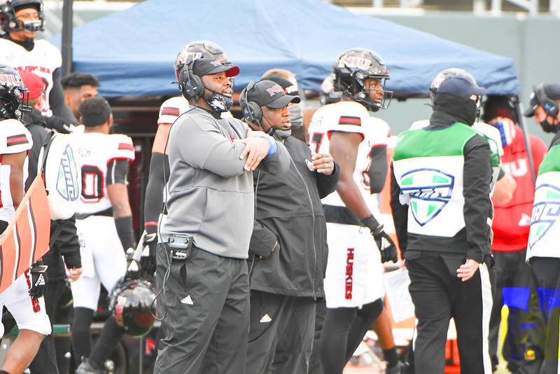 YPSILANTI, MI - DECEMBER 12: Northern Illinois Huskies head coach Thomas Hammock watches play in the 4th quarter during the Eastern Michigan Eagles vs Northern Illinois Huskies game on Saturday December 12, 2020 at Rynearson Stadium in Ypsilanti, MI (Photo by Steven King/SteveKingStudios)