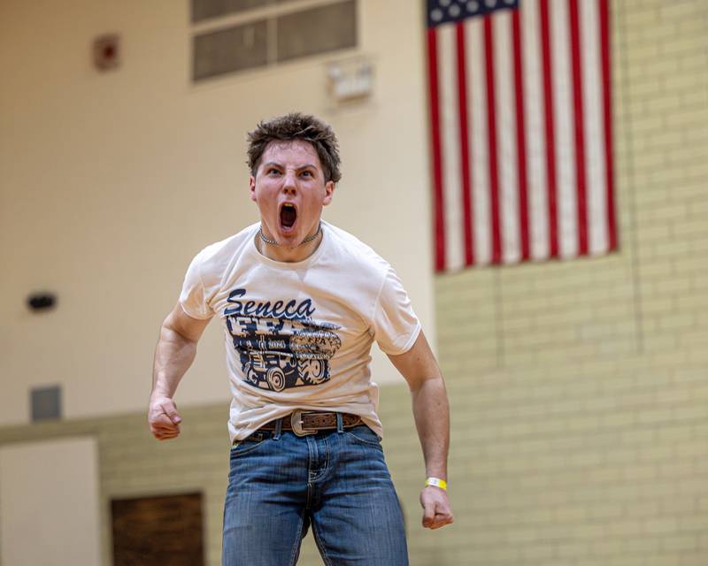 Joey Arnold reacts after winning tie-breaking dance-off after game of Donkey Basketball on Saturday, Feb. 7, 2026 at Seneca High School West Campus in Seneca.
