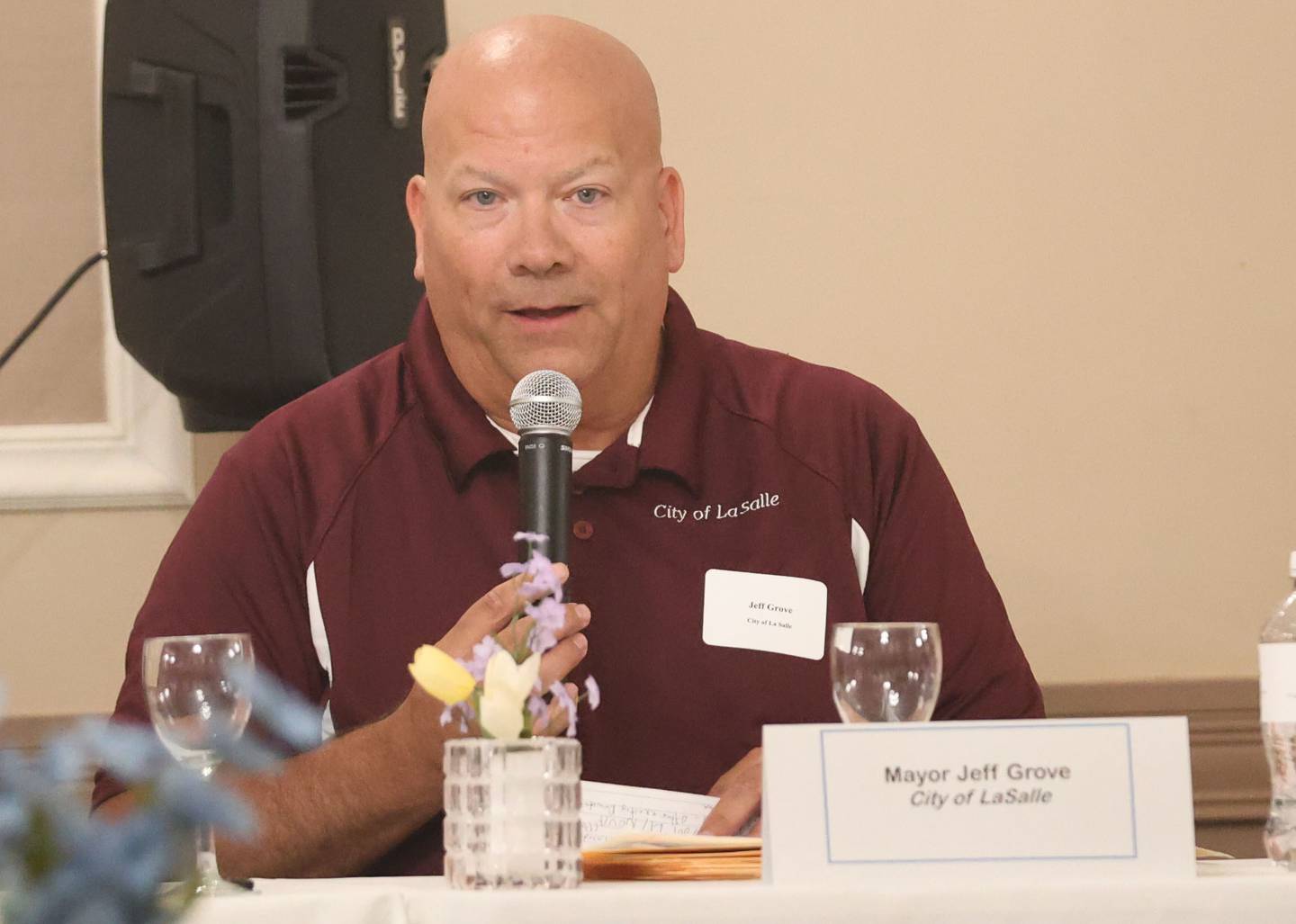 La Salle mayor Jeff Grove speaks during the Illinois Valley Chamber of Commerce State of the Cities Luncheon on Thursday, April 23, 2026 at Grand Bear Lodge at Starved Rock in Utica.