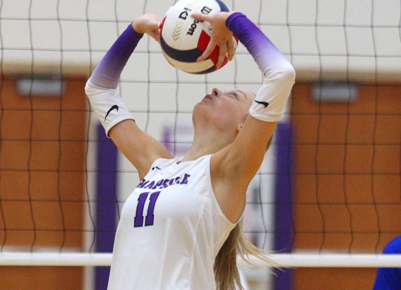 Hampshire’s Jorah Rutter passes the ball against Woodstock in varsity volleyball tournament action on Saturday, Sept. 21, 2024, at Hampshire High School in Hampshire.