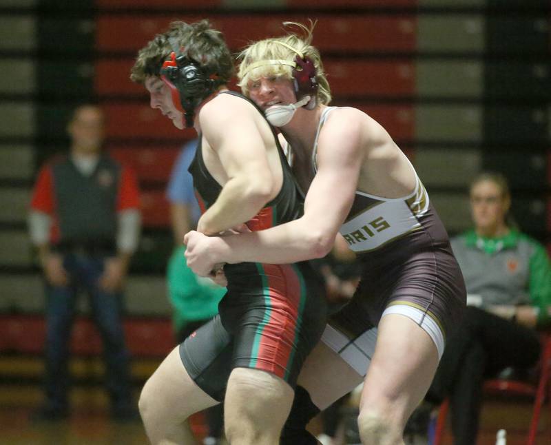 L-P's Walter Haage wrestles wrestles Morris's Ian Wills on Thursday, Jan. 11 2024 in  Sellett Gymnasium.