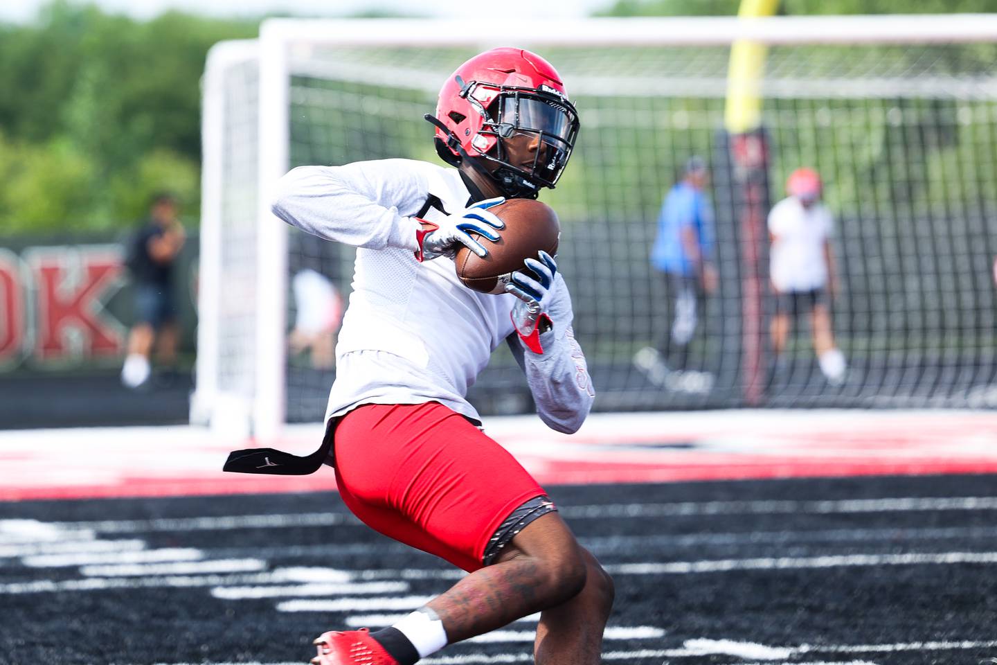 Bolingbrook’s Kyan Berry-Johnson pulls in a pass during the first day of practice on Monday, Aug. 7, 2023 in Bolingbrook.