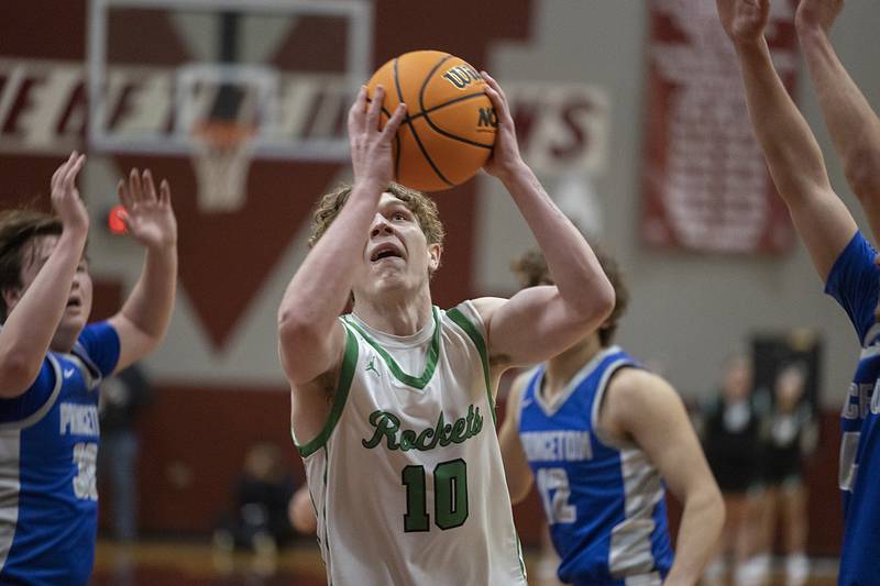 Rock Falls’ Kuitim Heald puts up a shot against Princeton Friday, March 7, 2025, in the Class 2A boys basketball Sectional final in Marengo.