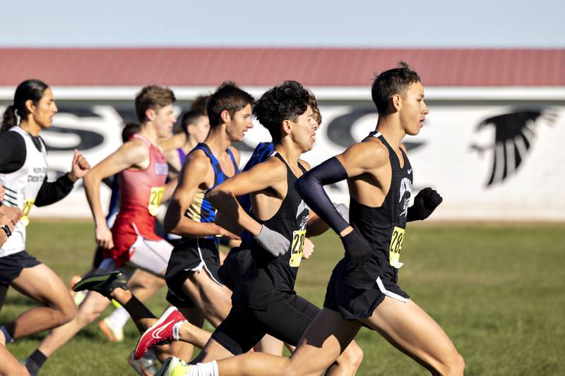 Rock Falls’ Anthony Valdivia leads the back right out of the gate during the Big Northern Conference cross country race at Sauk Valley College Saturday, Oct. 15, 2022.