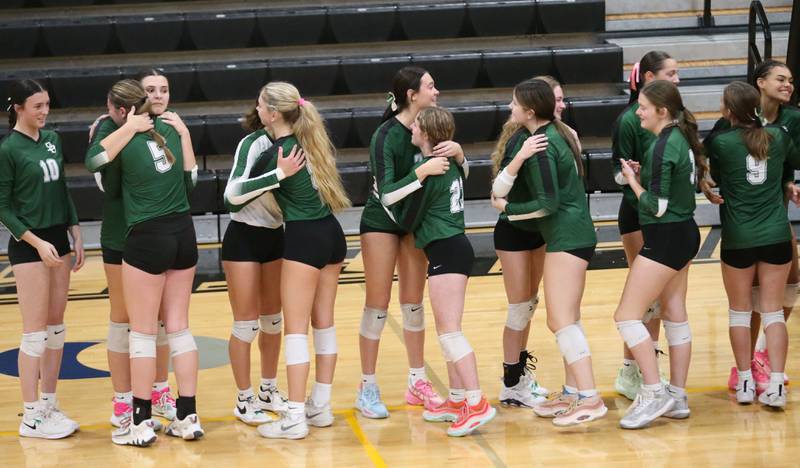 St. Bede players give hugs after loosing to Orion during the Class 1A Regional semifinals on Wednesday, Oct. 29, 2025 at Putnam County High School.