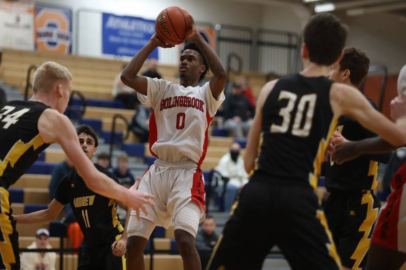 Bolingbrook’s Mekhi Cooper puts up a shot against Andrew in the Class 4A Oswego Sectional semifinal. Wednesday, Mar. 2, 2022, in Oswego.