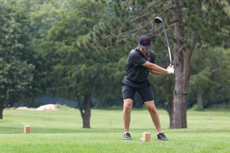 Bradley-Bourbonnais' Lucas Garrett tees off during the Bill Breeden All-Area Classic at the Kankakee Elks on Monday, Aug. 18, 2025.