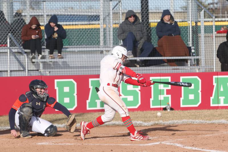 L-P's Adrian Arzola strikes out swinging against Pontiac on Monday, March 24, 2025 at Huby Sarver Field inside the L-P Athletic Complex in La Salle.