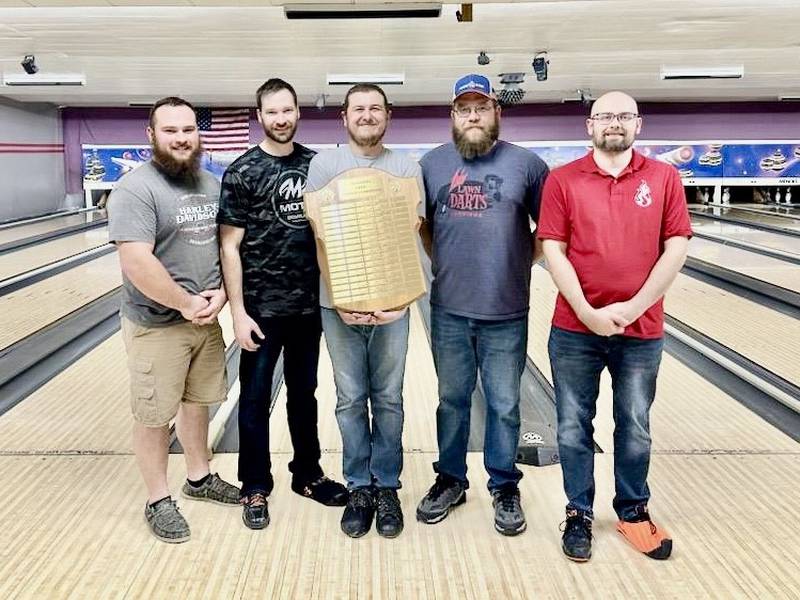 JT Dant (center) won the 2023 Princeton Masters Bowling championship Sunday at Pin Splitter Lanes. The top five finishers were (from left) AJ Egan (4th), Mike McClure (2nd), Dant, Randy Dalrymple (3rd) and Chris Stier (5th).