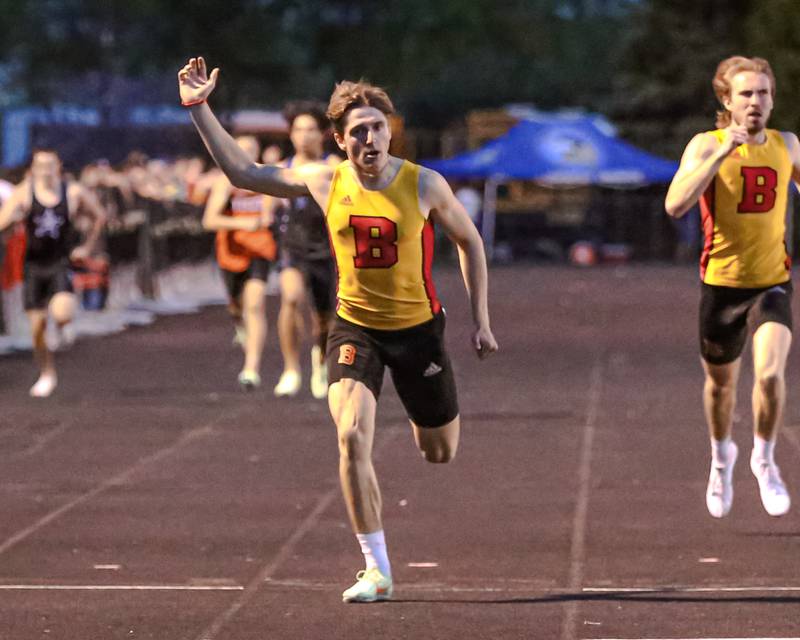 Batavia's Jacob Hohmann finishes first in the 400m during the DuKane Conference Track and Field meet at Wheaton Warrenville South.  May 13.2022.