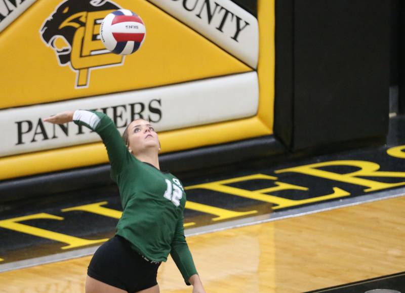 St. Bede's Lila Koehler serves the ball during the Class 1A Regional semifinals on Wednesday, Oct. 29, 2025 at Putnam County High School.