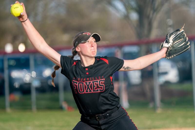 Yorkville's Madi Reeves (2) delivers a pitch against Plainfield North during a softball game at Yorkville High School on Tuesday, April 11, 2023.