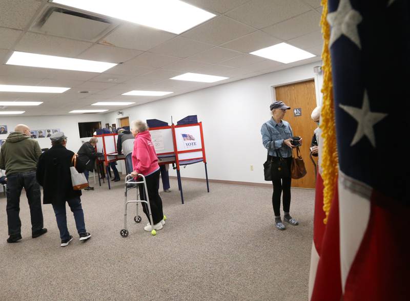 Voters wait in line to vote at the Oglesby Fire Station on Tuesday, April 4, 2023 in Oglesby.