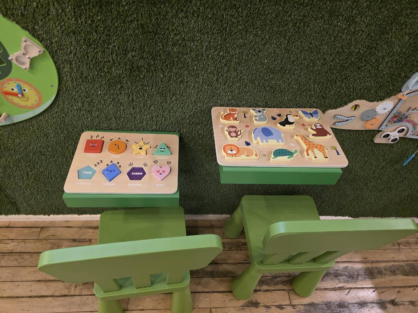 Busy boards for kids are set up in the new Essential Smoothies location in downtown Kankakee.