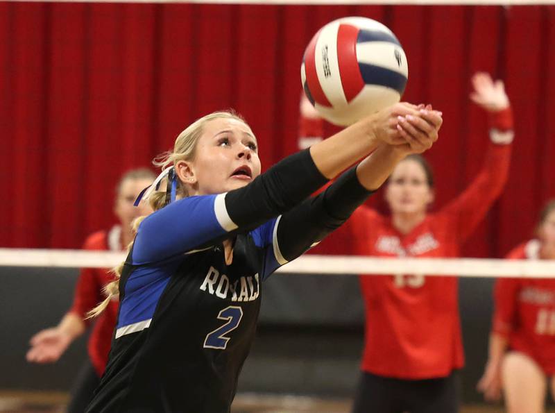 Hinckley-Big Rock's Anna Herrmann bumps the ball back toward the net during their match Tuesday, Sept. 9, 2025, at Indian Creek High School in Shabbona.