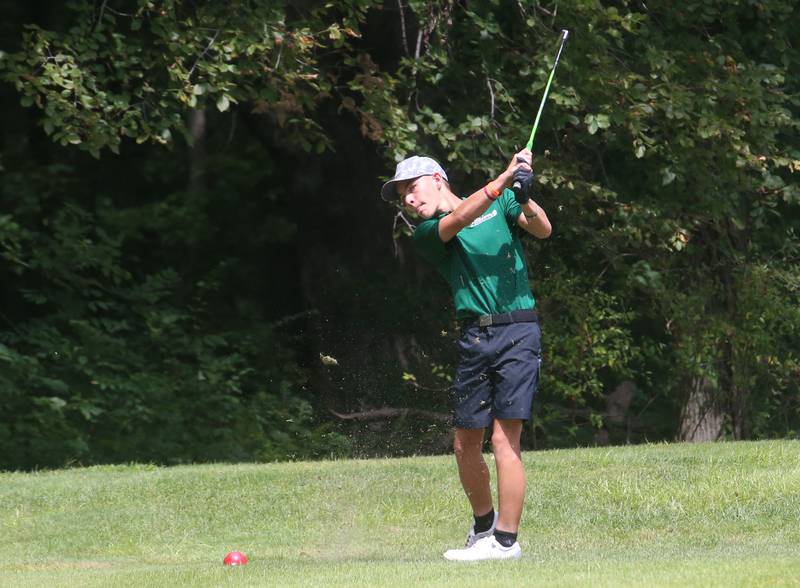 St. Bede's Caden Carls, hits toward the third hole during the Streator Bulldog Invitational on Monday, Aug. 25, 2025 at Eastwood Golf Course in Streator.